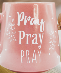 Pray Pray Pray Pink Coffee Mug lifestyle prayer moment hands clasped