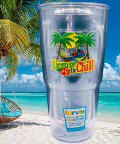 License To Chill Tervis Tumbler on tropical beach with palm tree hammock scene