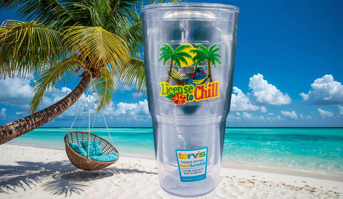 License To Chill Tervis Tumbler on tropical beach with palm tree hammock scene