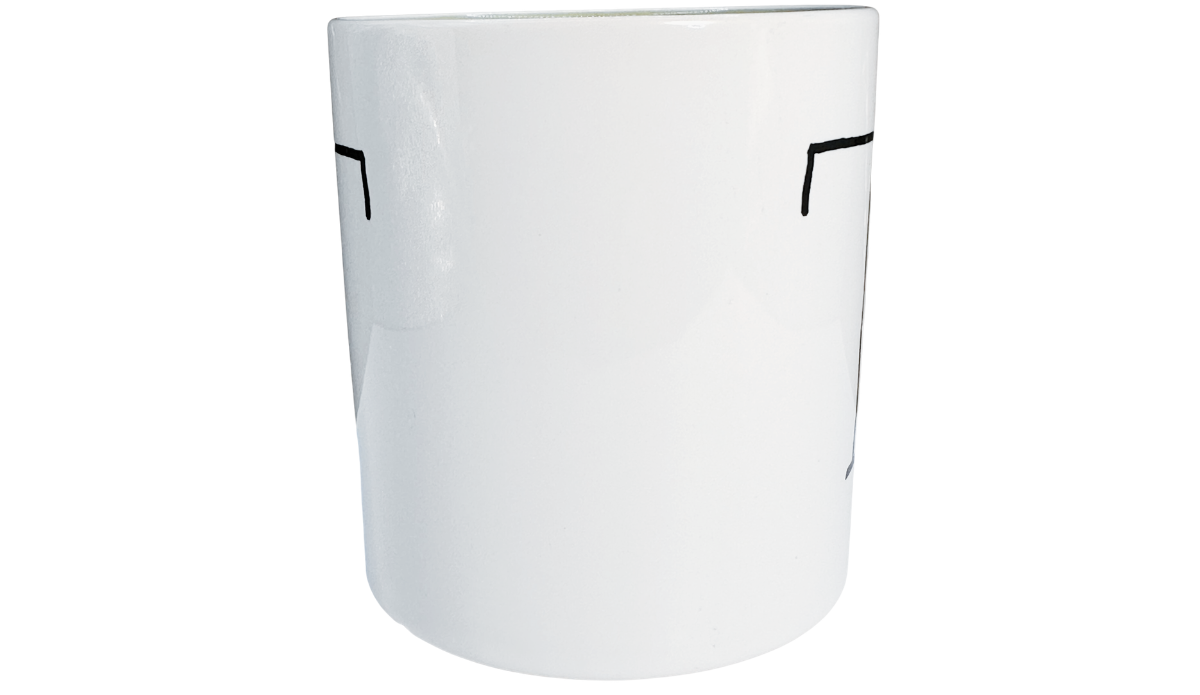 Hangman Game Coffee Mug middle view showing a broad white ceramic section between portions of the black gallows artwork.