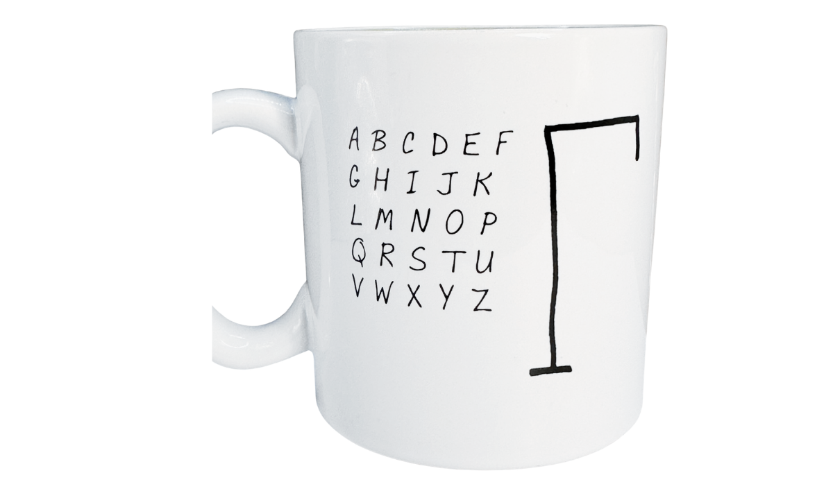 Hangman Game Coffee Mug back view displaying black alphabet letters, a gallows illustration, and a white handle on the left.