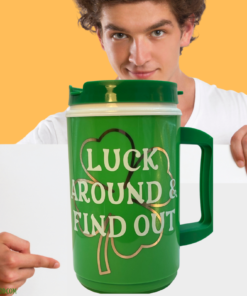 Luck Around Find Out shamrock mug styled for St. Patrick’s Day coffee moments
