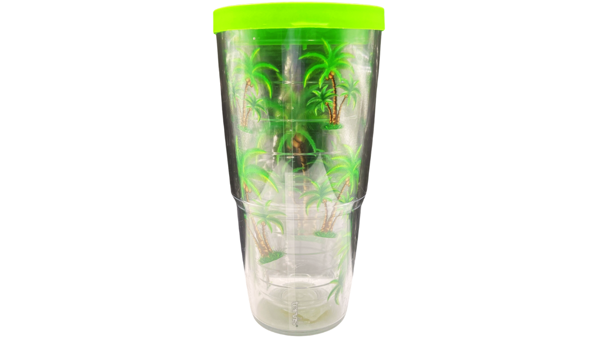 Reverse view of Palm Trees Tervis Tumbler showing floating tropical palm artwork
