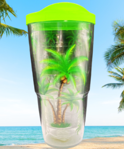 Palm Trees Tervis Tumbler styled beside tropical beach décor and island-inspired drink accessories