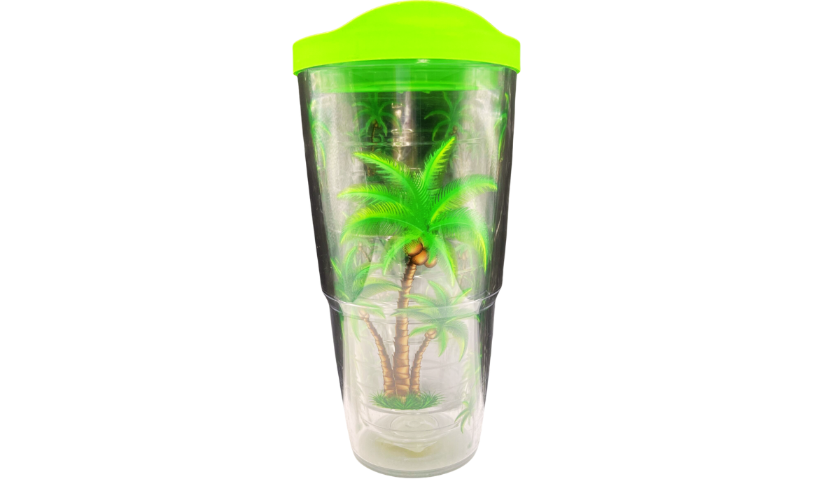 Palm Trees Tervis Tumbler with floating tropical palm tree artwork and bright green lid