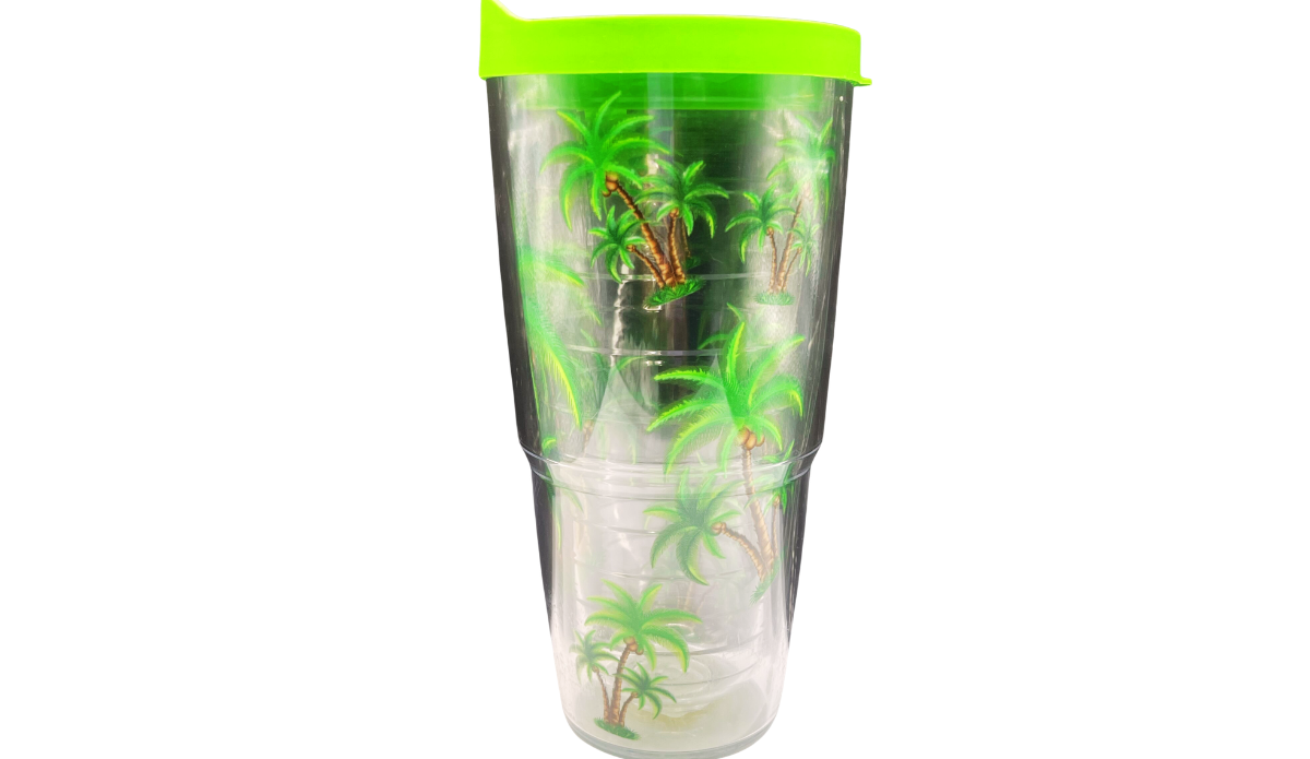 Side view of Palm Trees Tervis Tumbler with layered tropical palm tree clusters