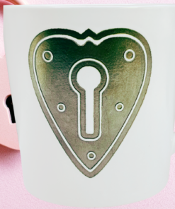 Heart Keyhole Couples Mug styled beside pink heart lock Valentine background