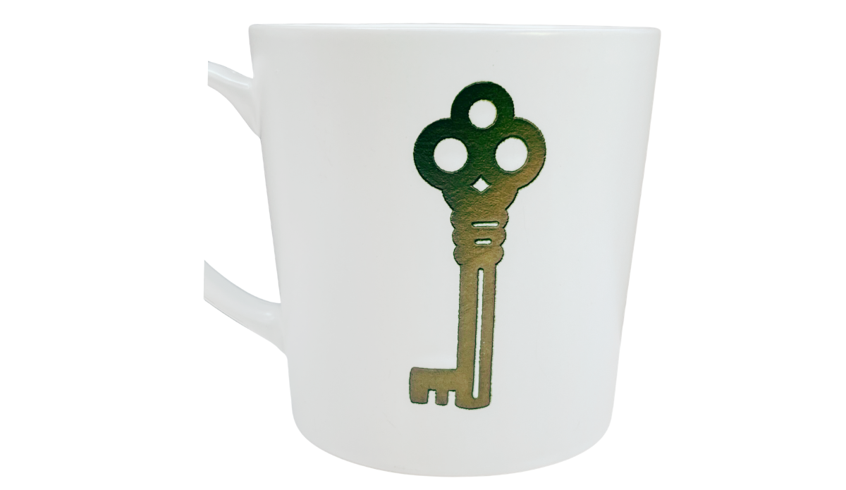 Key Lock Couples Mug reverse side with metallic key design