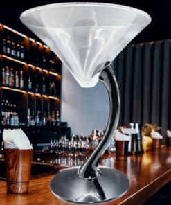 Libbey Bravura Black Curved Stem Martini Glass displayed in upscale cocktail bar scene
