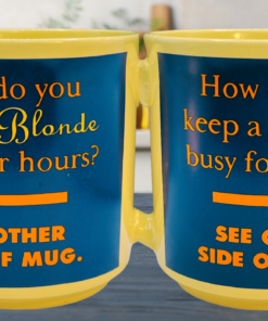 How Do You Keep A Blonde Busy Mug lifestyle scene showing both joke sides with yellow, blue, orange, and yellow detailing