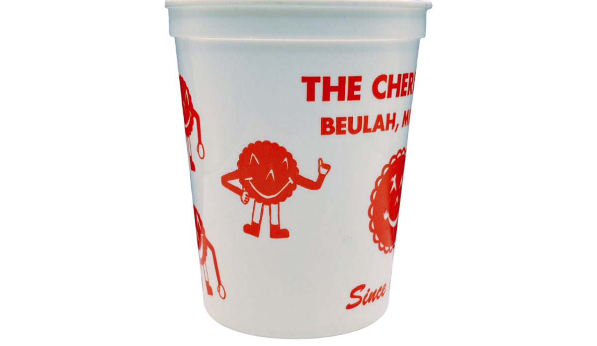 Vintage Cherry Hut Michigan cup with smiling red cherry characters and Beulah lettering