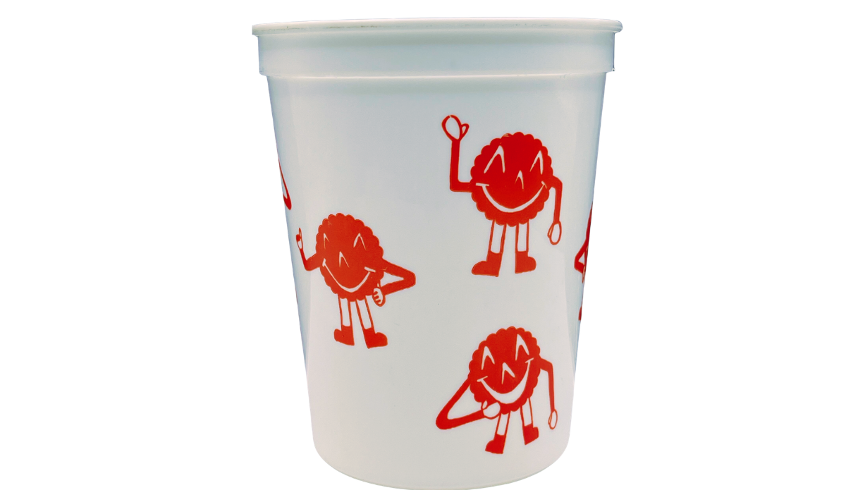 Vintage Cherry Hut Beulah Michigan souvenir cup back view with three smiling red cherry characters
