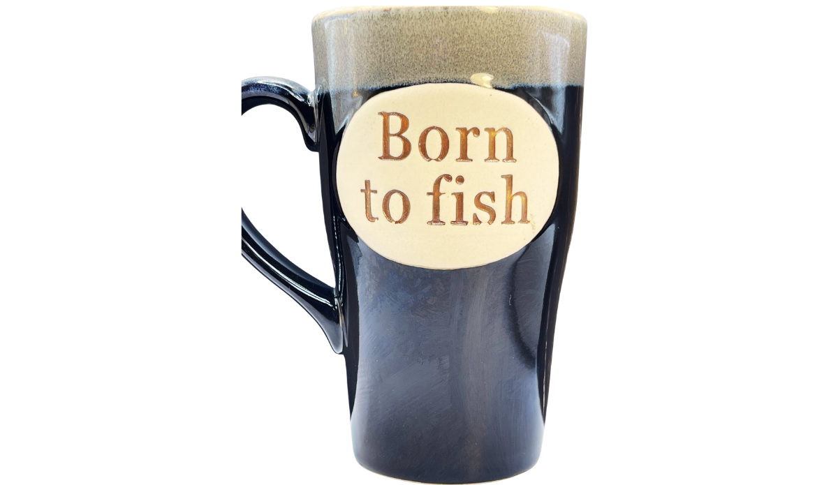 Born To Fish Latte Mug front view featuring raised Born To Fish medallion design