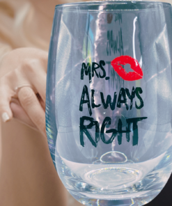 Mrs. Always Right Stemless Wine Glass lifestyle scene with bridal setting and wedding details