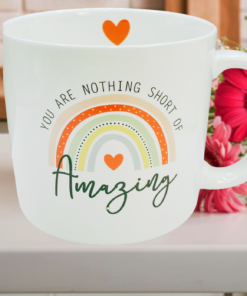 inspirational rainbow mug kitchen scene with flowers cozy countertop setting