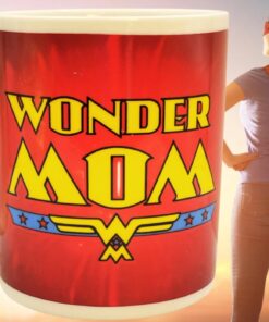 Wonder Mom Hero Mug with woman in cape standing strong overlooking horizon