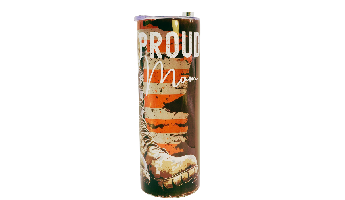 Proud Military Mom Tumbler with combat boot, distressed flag-inspired stripes, stars, and PROUD Mom lettering