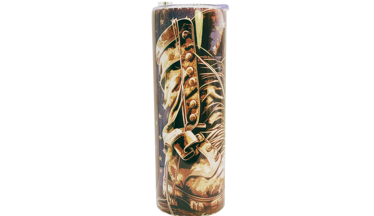 Proud Military Mom stainless steel tumbler with large lace-up combat boot, stars, and distressed military artwork