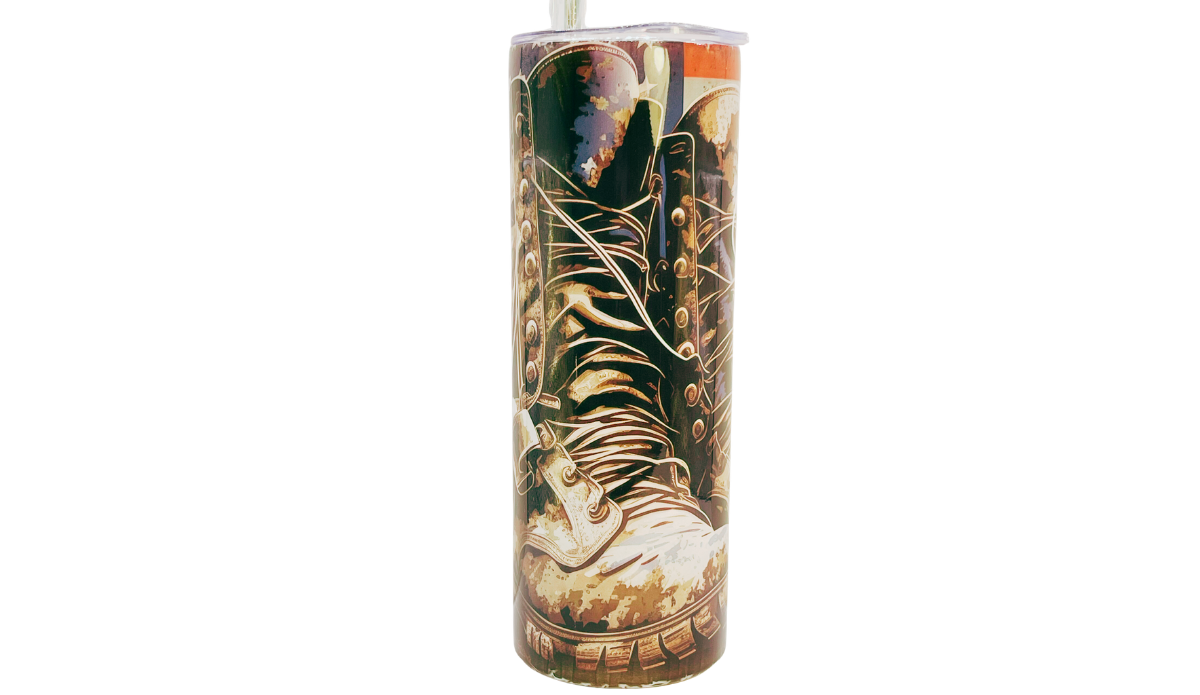 Middle view of Proud Military Mom Tumbler with combat boot laces, rugged sole, and weathered patriotic background