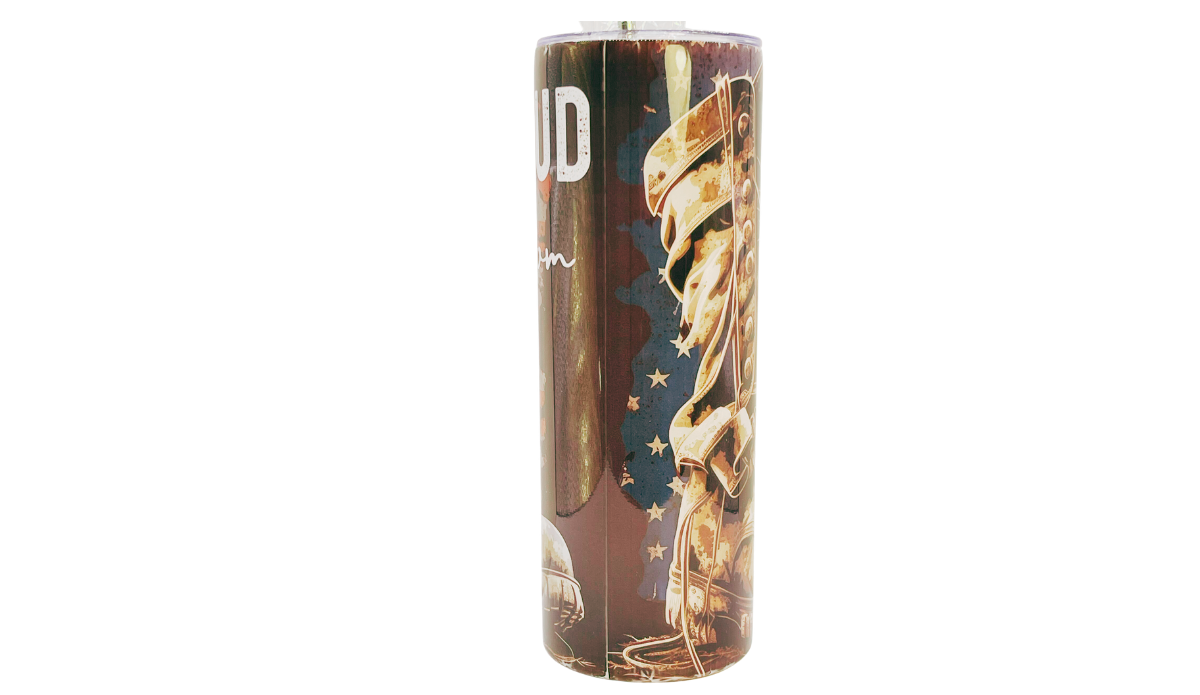 Side view of Proud Military Mom Tumbler with combat boot, scattered stars, distressed stripes, and partial PROUD Mom wording