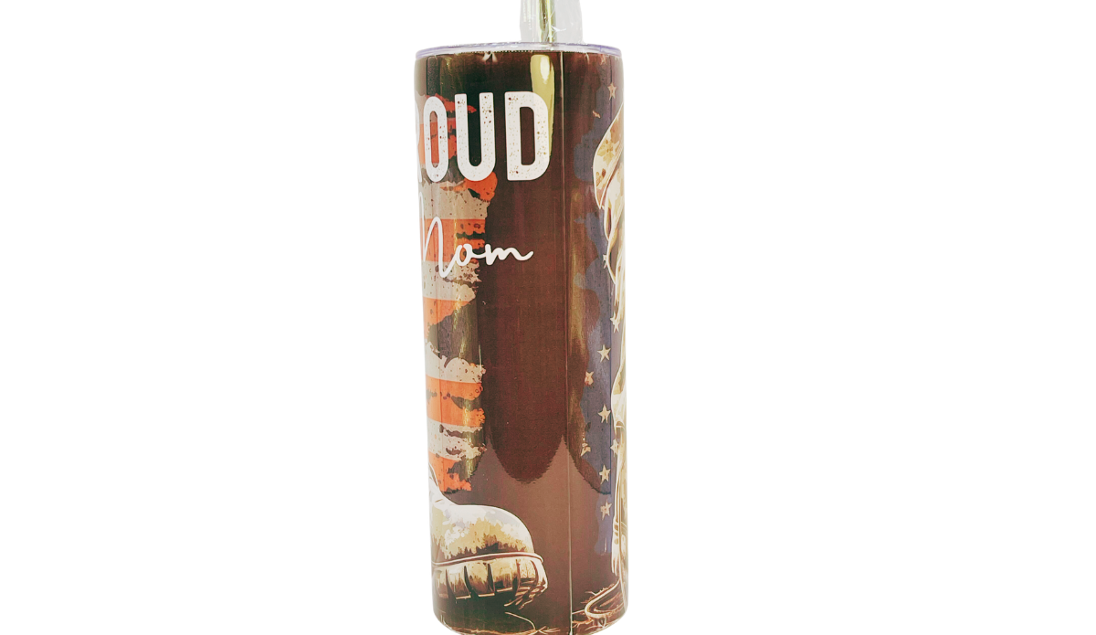 Proud Military Mom Tumbler side with partial PROUD Mom lettering, distressed stripes, stars, and combat boot artwork