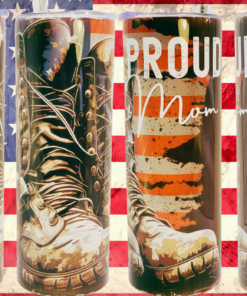 Proud Military Mom Tumbler lifestyle scene with four combat boot tumblers against a distressed American flag background