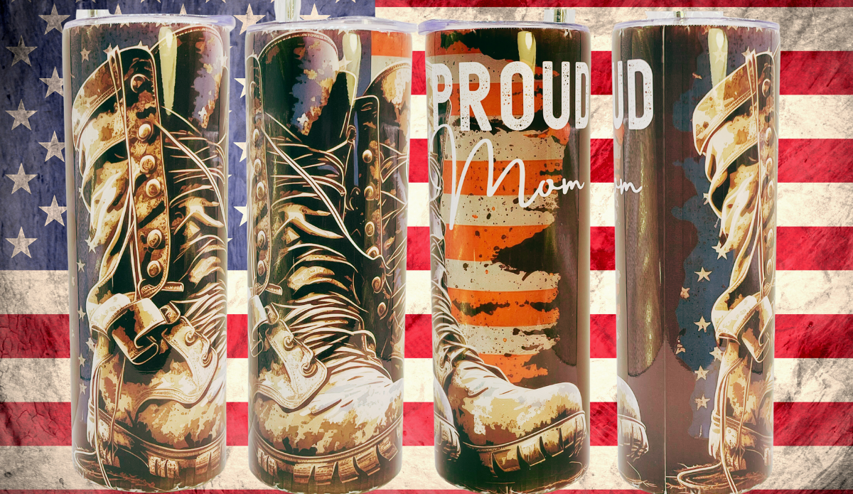 Proud Military Mom Tumbler lifestyle scene with four combat boot tumblers against a distressed American flag background