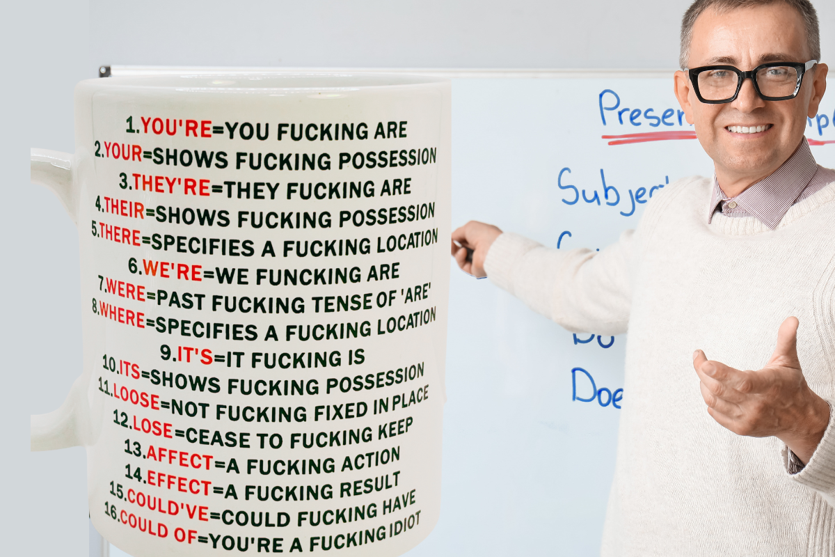 Grammar Police swear mug styled on a desk for word lovers