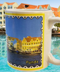 Curacao bridge view mug showing Punda waterfront scene matched with real Willemstad harbor background