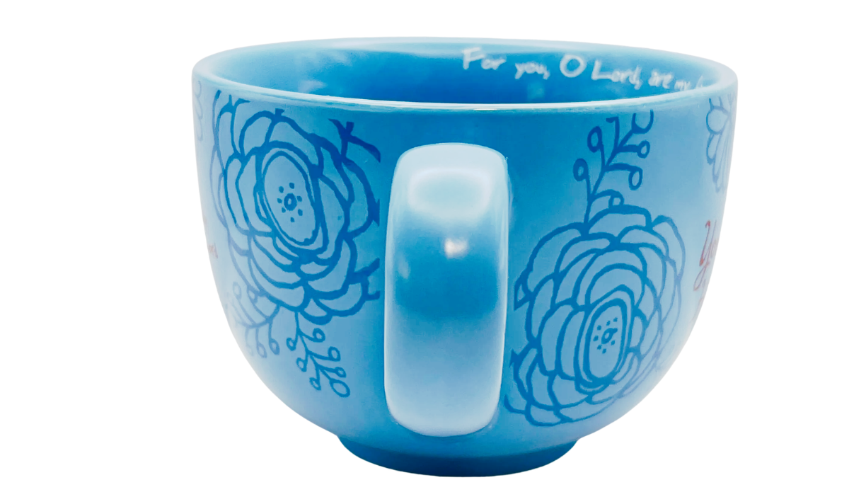 Abbey Press blue floral soup prayer mug handle view with floral line art