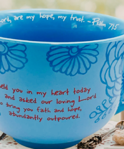 Abbey Press You're In My Heart Today Soup Prayer Mug styled on table with cozy setting