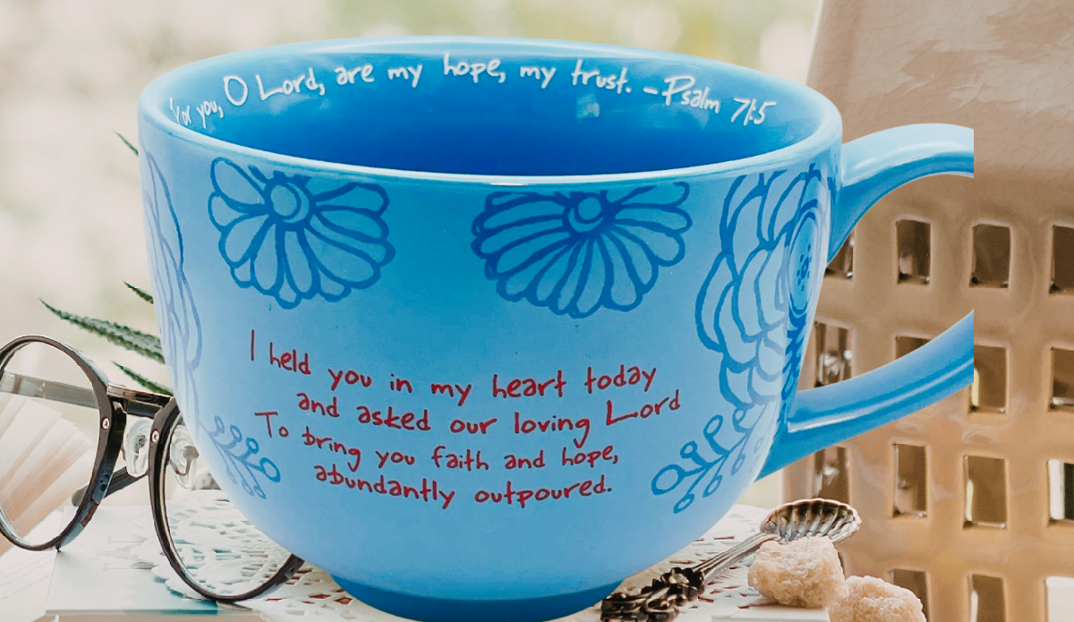 Abbey Press You're In My Heart Today Soup Prayer Mug styled on table with cozy setting