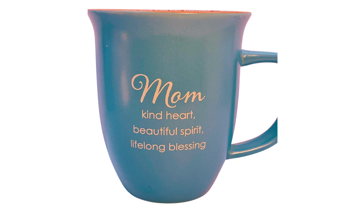Abbey Gift Mom blessing teal mug with amber interior and script message Mom kind heart beautiful spirit lifelong blessing