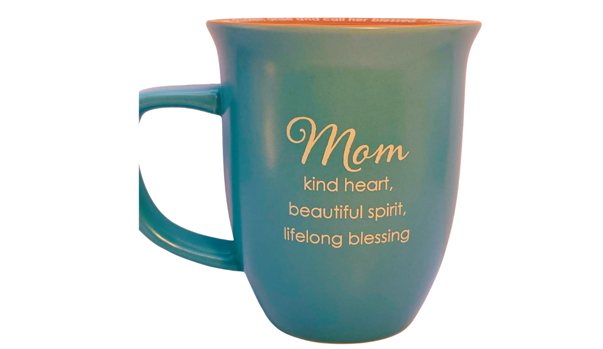 Abbey Gift teal mom mug blank back showing smooth ceramic glaze