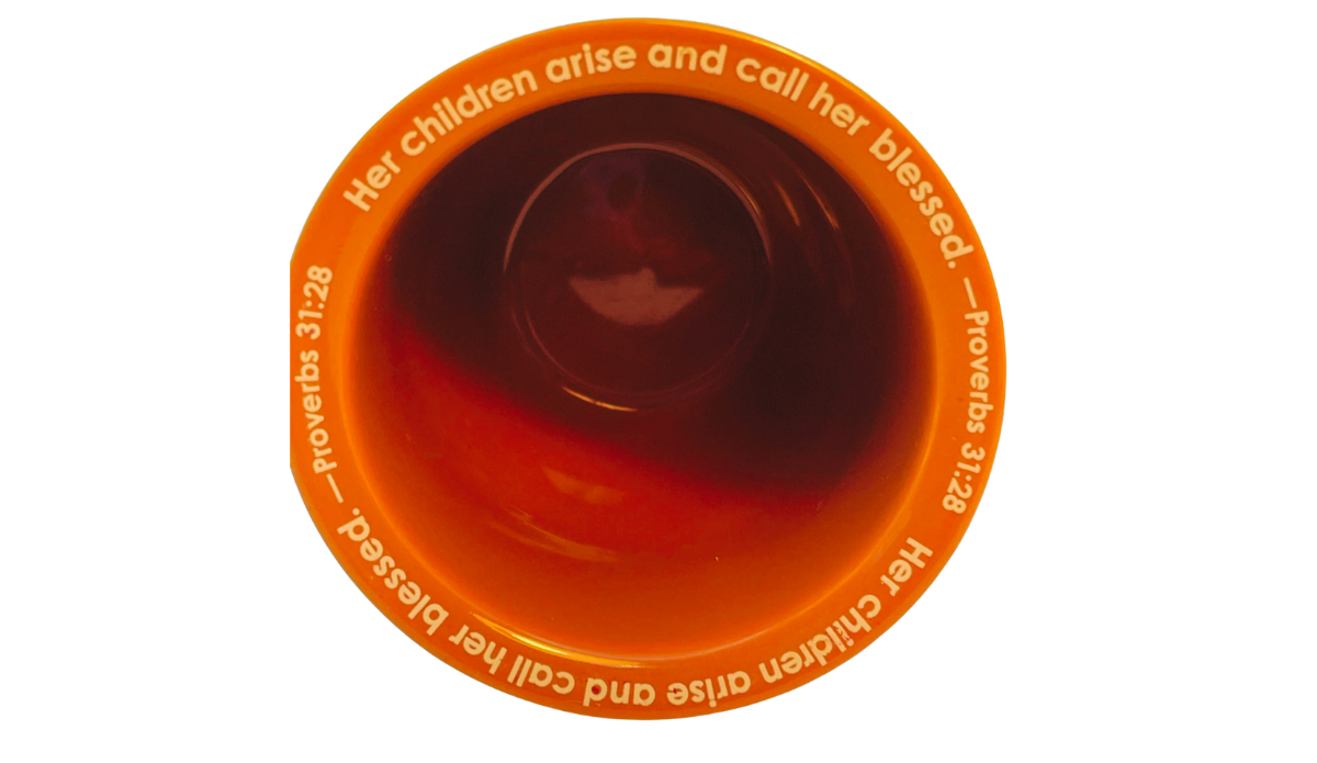Abbey Gift mom mug top view with amber interior and Proverbs 31:28 scripture around rim