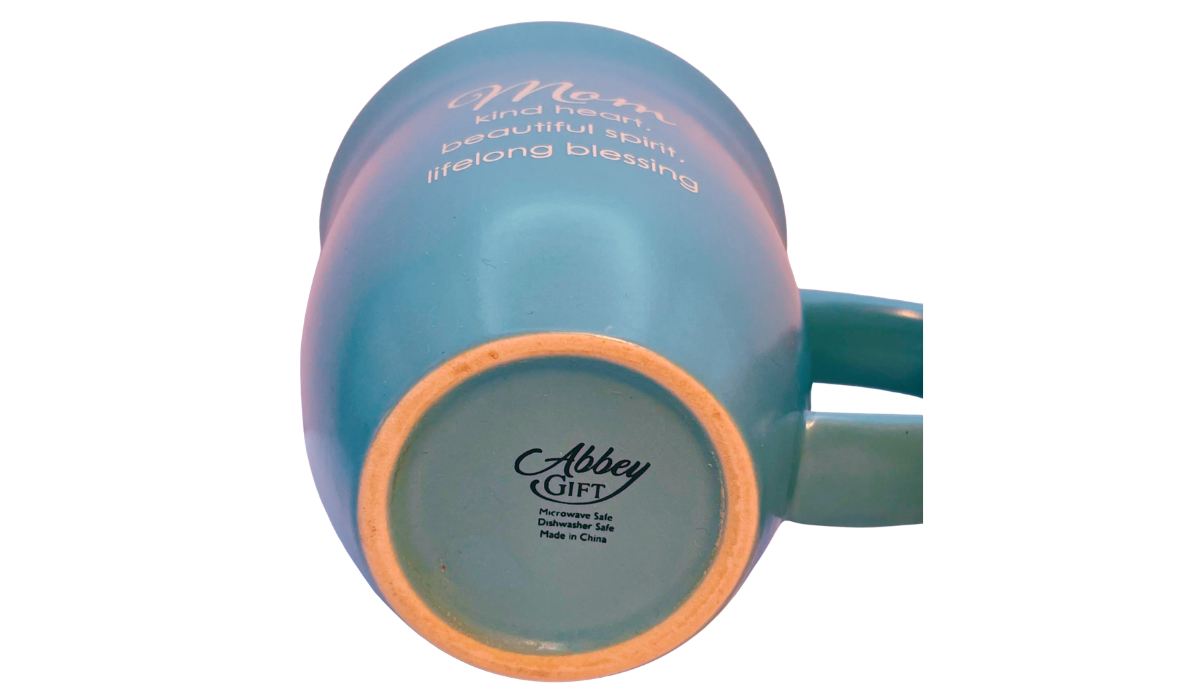 Abbey Gift mug bottom view showing Abbey Gift maker mark microwave dishwasher safe