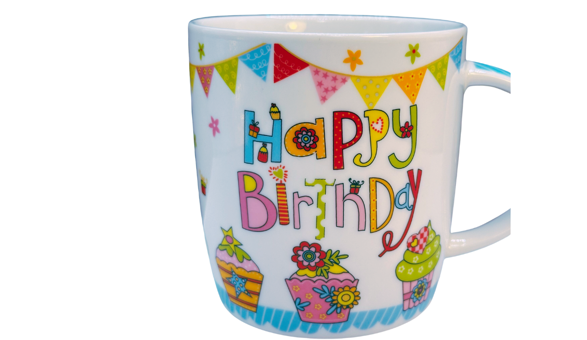 Happy Birthday Cupcake Mug front view with colorful birthday lettering cupcakes and banner flags