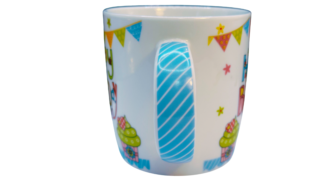 Happy Birthday Cupcake Mug handle side view with blue striped handle and birthday artwork