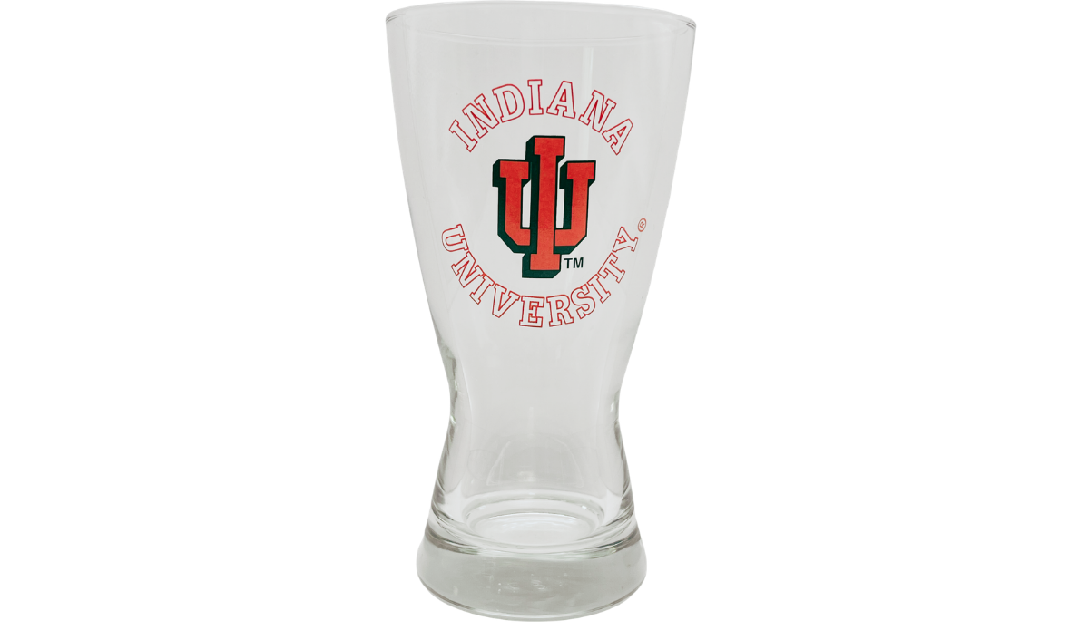 Indiana University Pilsner Glass front view with crimson IU logo and university lettering