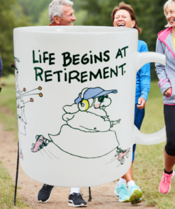 Life Begins At Retirement Funny Mug displayed with active retirees outdoors