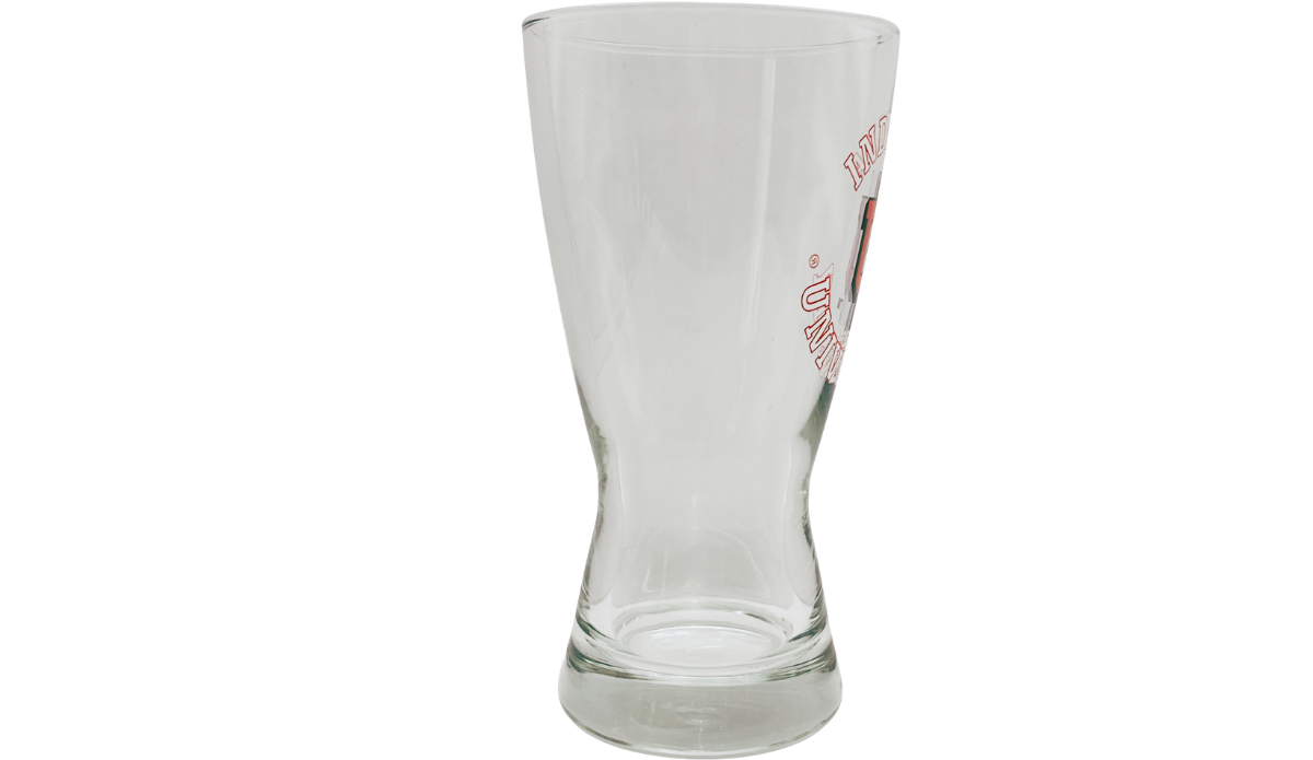 Indiana University Pilsner Glass right side view with clear contoured glass body