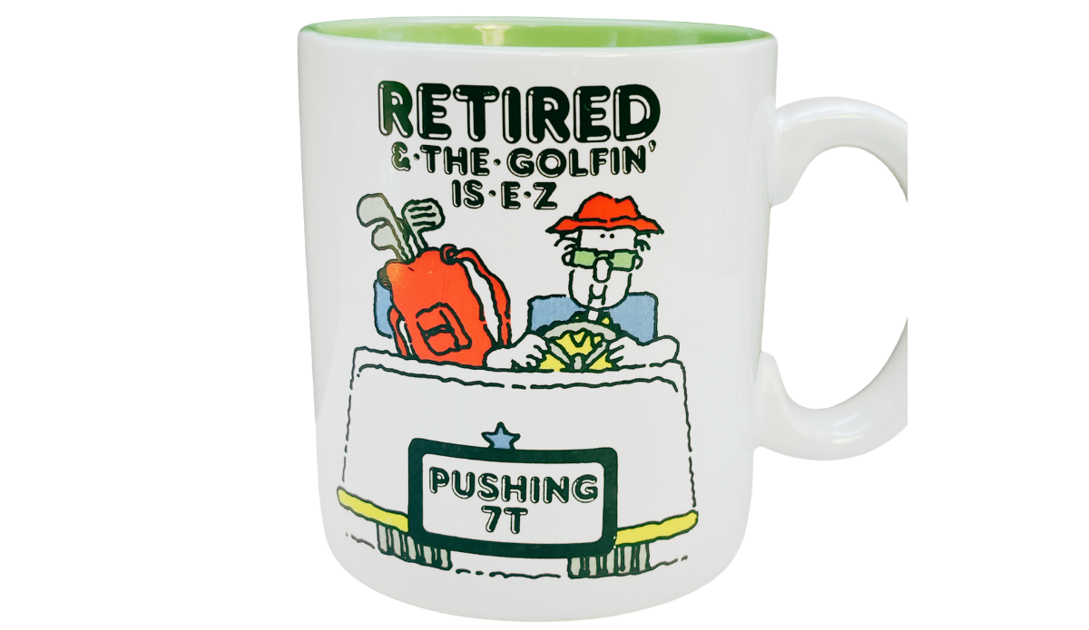 Retired Golfer Funny Mug front view with Pushing 70 golf retirement cartoon
