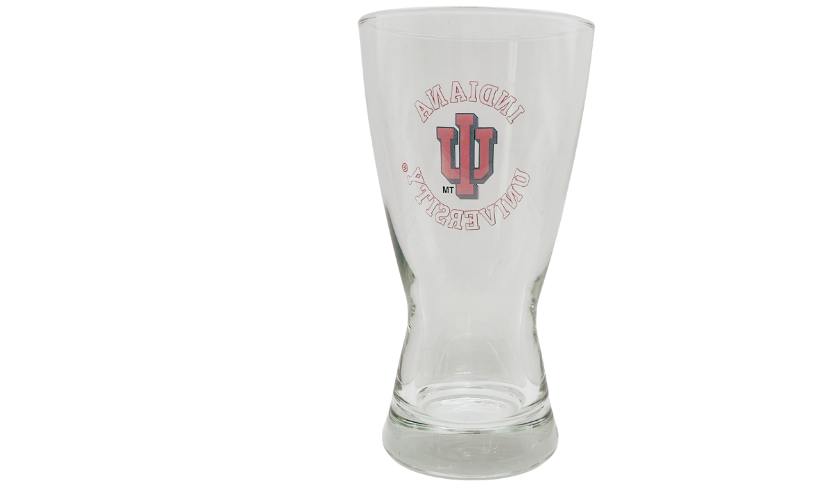 Indiana University Pilsner Glass back view with reversed IU design visible through clear glass