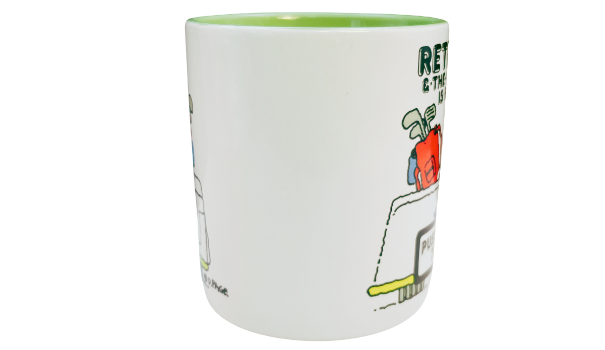 Retired Golfer Funny Mug middle view with white body and golf artwork
