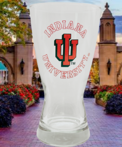 Indiana University Pilsner Glass displayed in an Indiana University campus setting