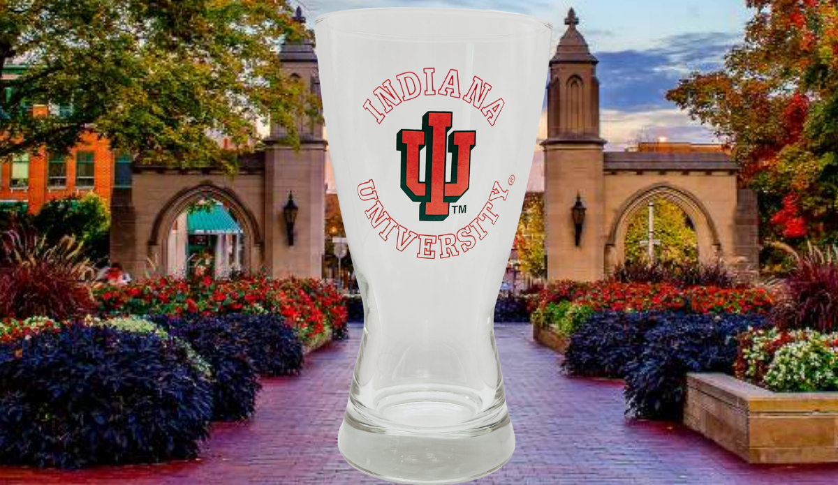 Indiana University Pilsner Glass displayed in an Indiana University campus setting