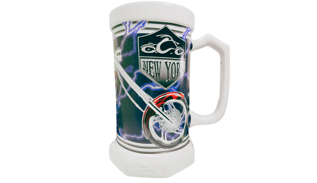 Orange County Choppers New York Beer Stein featuring the OCC New York shield, chrome front wheel, and blue lightning graphics