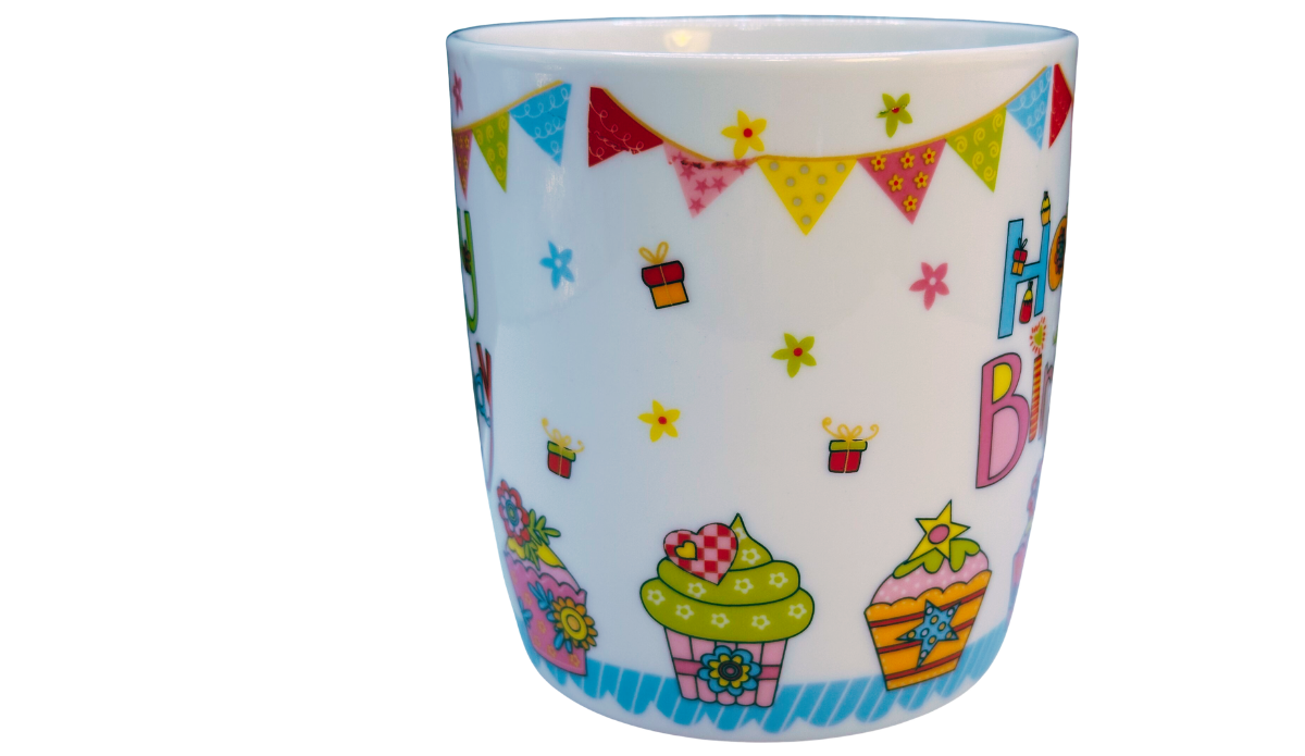 Happy Birthday Cupcake Mug opposite side view with birthday cupcakes flowers and gifts
