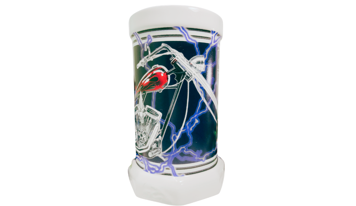 Orange County Choppers New York Beer Stein featuring chrome V-twin engine and red flame fuel tank