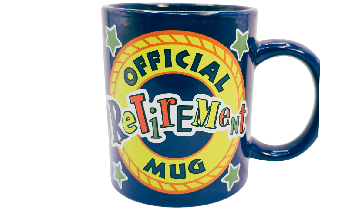 Official Retirement Mug front view with colorful retirement graphic on cobalt blue mug